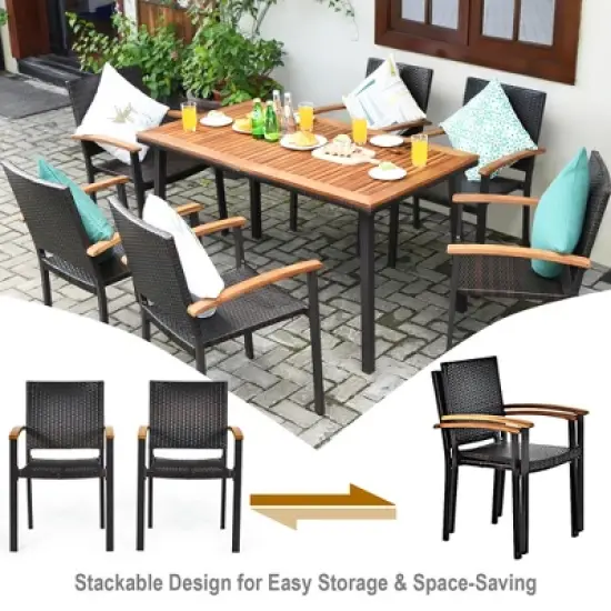 Costway 7 PCS Patio Rattan Dining Set Acacia Wood Table Top Stackable Chair image {4}