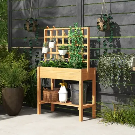 Outsunny Wooden Raised Planter Box with Trellis, Raised Flower Bed with Storage Shelf, Outdoor Garden Planter for Vegetables, Flowers, Herbs image {1}