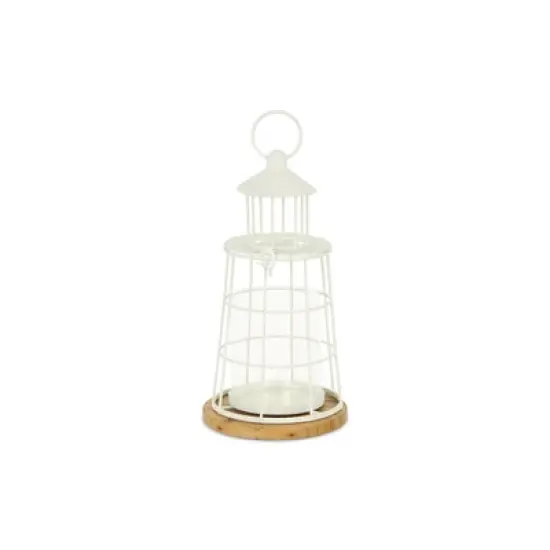 HomeRoots 12" White And Natural Metal And Wood Lighthouse Tabletop Lantern Candle Holder image {5}