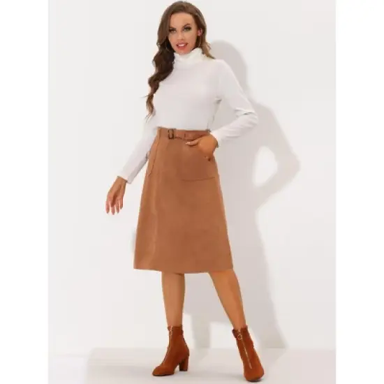 Allegra K Women's Casual Faux Suede Pockets Stretch A-line Midi Skirt with Belt image {2}