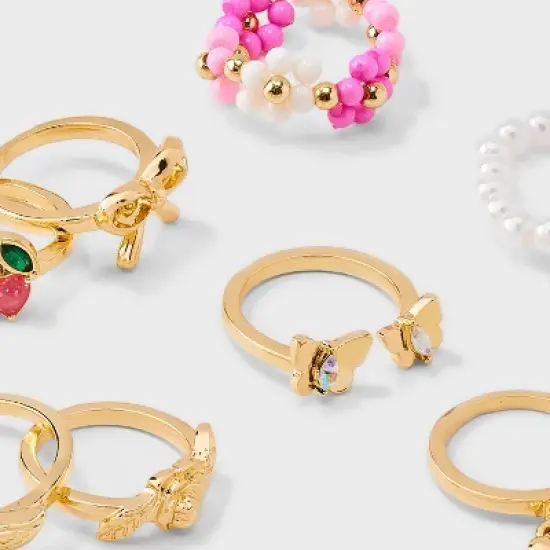 Girls' 8pk Flower and Butterfly Ring - art class&trade;: Acrylic Band Rings, Size 5, 20mm Diameter image {2}