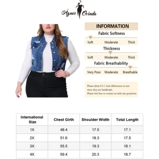 Agnes Orinda Women's Plus Size Sleeveless Chest Pockets Button-Up Denim Vests image {5}