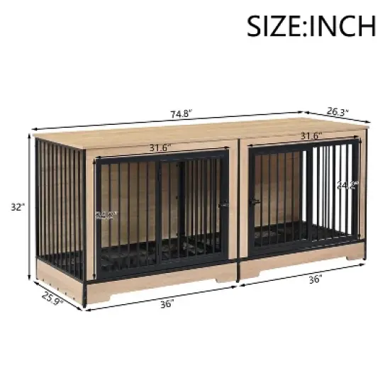 Gulches XL Double Dog Crate Furniture for Medium & Large Dogs - Wooden Kennel with Tray image {7}