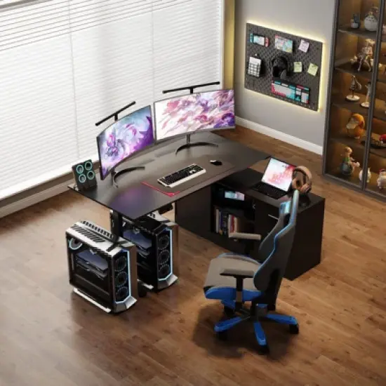 Famapy Gaming Height-Adjustable Desk with Storage & Electric Lift Top,Reversible Left-Right Study/Computer Desk,Sit-Stand Gaming Workstation image {6}