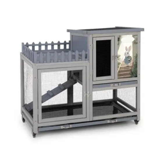 AZL1 Life Concept Pet Crates and Houses 2-Tier Waterproof Wooden Rabbit Hutch with Removable Tray, Ramp, Fence, Gray, 38.19"*23.62"*36.22" image {4}
