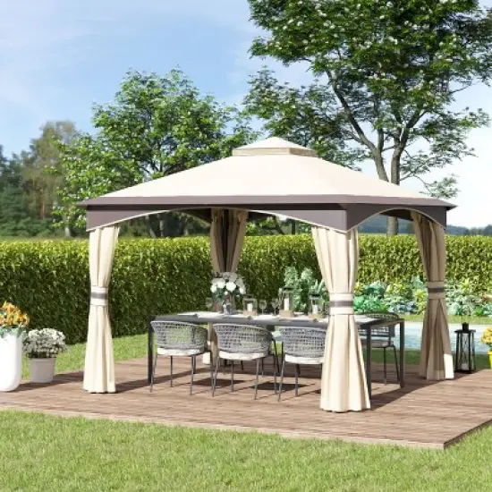 Outsunny 10' x 10' Outdoor Gazebo with Mesh Netting Sidewalls for Shade and Rain, Patio Gazebo Canopy with 2-Tier Soft Top Roof and Steel Frame for Lawn, Garden, Backyard and Deck image {1}