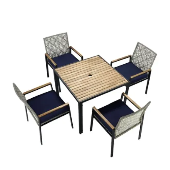 FIONECA All-Weather 5-Piece Patio Dining Set with Acacia Wood Table Top & Umbrella Hole, Light Gray Rattan Outdoor Conversation Set image {11}