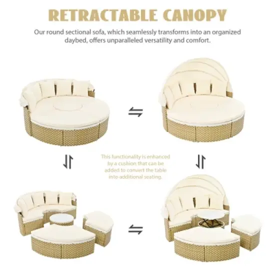 Round Outdoor Patio Sectional Sofa Set Rattan Daybed Two-Tone Weave Sunbed with Retractable Canopy, 4A -ModernLuxe image {4}