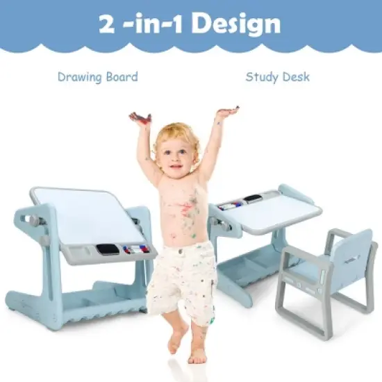 Costway 2 in 1 Kids Easel Table & Chair Set Adjustable Art Painting Board Gray/Blue/Light Pink image {7}