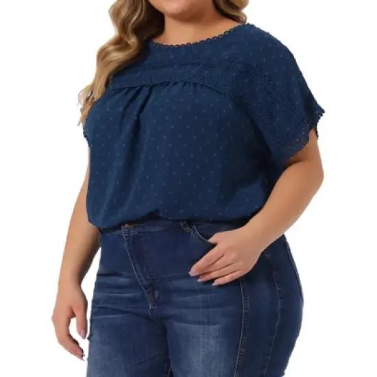 Agnes Orinda Women's Plus Size Chiffon Swiss Dots Short Sleeve Lace Crochet Pleated Casual Blouse image {1}