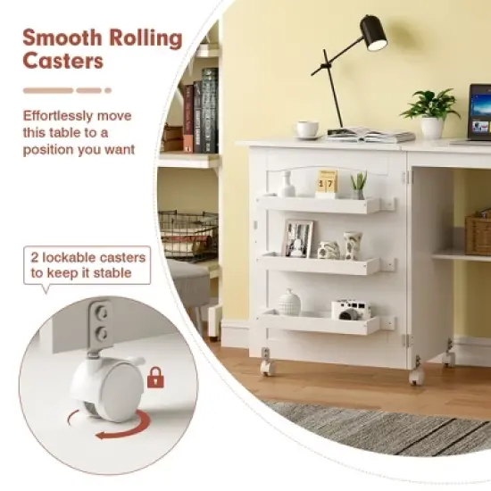 Costway White Folding Sewing Craft Table with Storage Shelves Cabinet Lockable Wheels image {5}