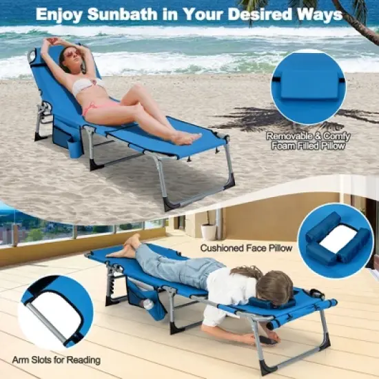 Costway Outdoor Folding Chaise 5-Position Lounge Chair with Face Hole &Adjustable Footrest Blue/Black/Beige/Navy Blue image {6}