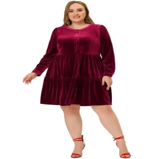 Agnes Orinda Women's Plus Size Velvet Winter Half Placket Pleat Long Sleeve Babydoll Dress image {2}