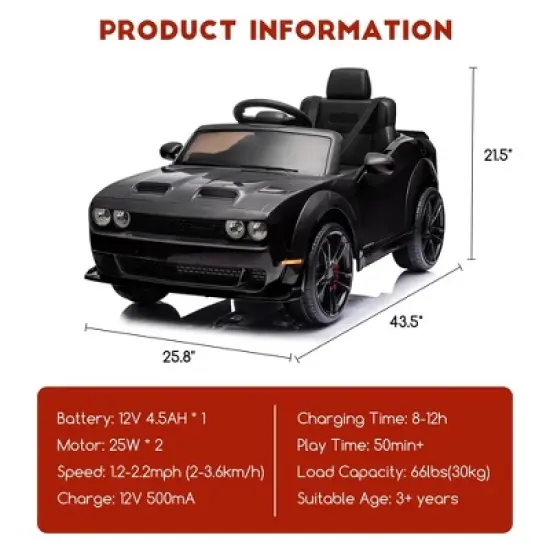 12V Ride on Car, Licensed Dodge Challenger Kids' Electric Car, Battery Powered Electric Vehicle with Remote Control image {1}