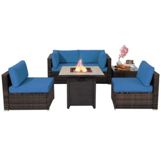 Tangkula 6 PCS Patio Wicker Furniture Set With 30" Gas Fire Pit Table 50,000 BTU Black/Red/Turquoise/Navy/White  Cushions image {10}