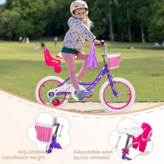 hykolity 16 inch Girls Bike Princess Bicycle for Age 4-7 Years Old Rider Height 41-53 inch includes Training Wheel Basket Doll Seat Violet Purple image {3}