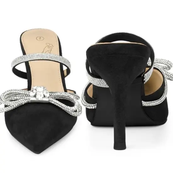 Perphy Pointed Toe Rhinestones Bow Stiletto Heel Slip on Mules for Women image {1}