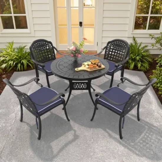 5-Piece Cast Aluminum Outdoor Dining Set with Blue Cushions, Round Table & Stackable Chairs - for Patio, Backyard image {10}