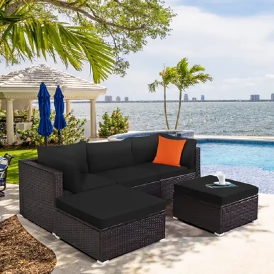 Costway 5PCS Patio Rattan Furniture Set Sectional Conversation Set Ottoman Table image {2}