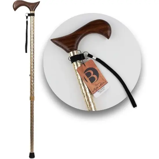 Brazos Adjustable Walking Cane for Men and Women Made of Lightweight Engraved Aluminum with Wooden Handle, Wrist Strap and Rubber Tip, Gold Body with image {1}