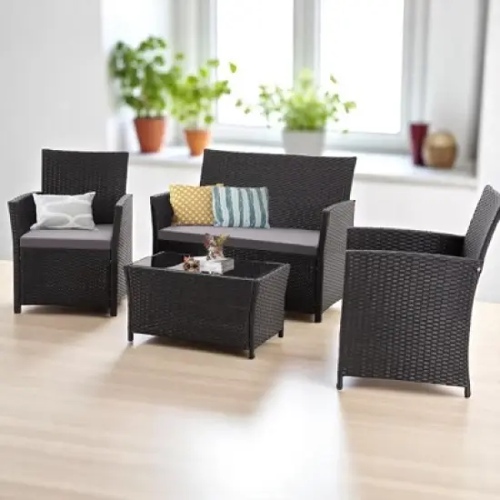 Mshliw 4-Piece Outdoor PE Wicker Furniture Set, Patio Gray Rattan Sectional Sofa with Washable Cushions for Garden, Porch, or Balcony image {4}