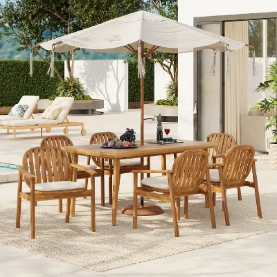 Christopher Knight Home Kennen 7 Piece Outdoor Rustic Acacia Wood Dining Set with Cushions image {1}