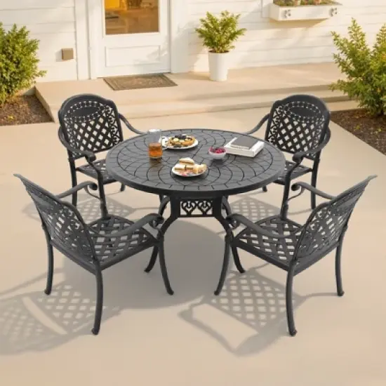 5-Piece Cast Aluminum Outdoor Dining Set: Round Table, Stackable Chairs & Red Cushions - All-Weather Patio Furniture for Your Backyard image {1}