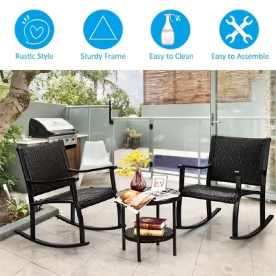 Costway 3PCS Patio Rattan Rocking Chair Bistro Set Coffee Table Storage Shelf image {5}