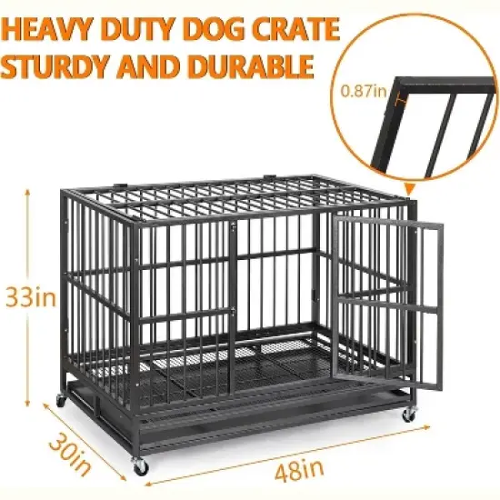 Heavy Duty Dog Crate - Indestructible Metal Kennel with Wheels & Double Doors, 33" High Anxiety Pet Cage with Removable Tray for Large Dogs - Black image {2}