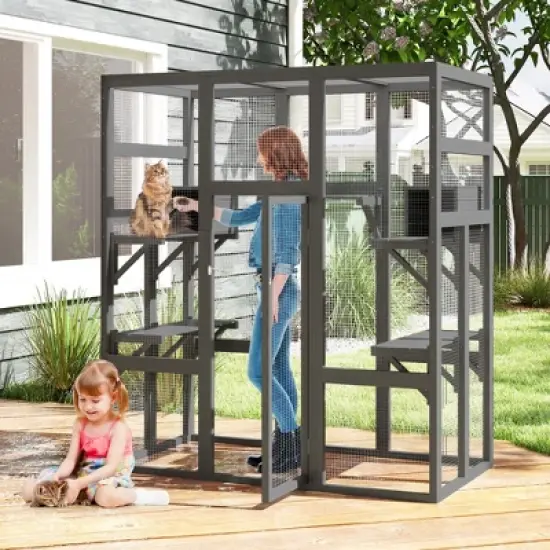 Sandinrayli 70Inches Large Stable Spacious Wooden Catio Outdoor Cat Enclosure with Perches and Condos image {4}