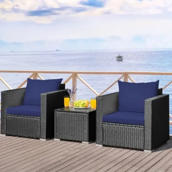 Tangkula 3PCS Rattan Patio Conversation Furniture Set Outdoor w/ Navy Cushions image {3}