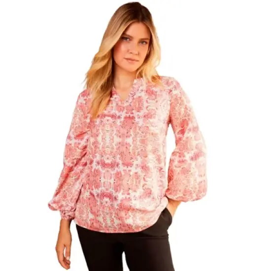June + Vie by Roaman's Women&rsquo;s Plus Size Split-Neck Blouson-Sleeve Top image {5}