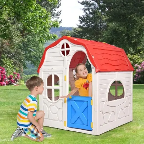 Costway Kids Cottage Playhouse Foldable Plastic Play House Indoor Outdoor Toy Portable image {1}