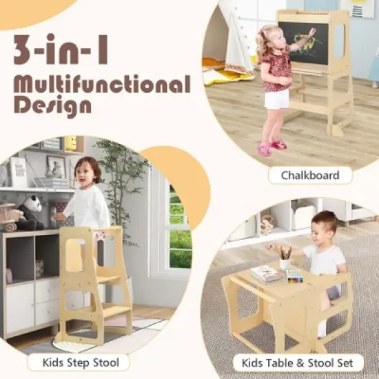 Costway 3-in-1 Foldable Kitchen Standing Tower for Toddlers with Chalkboard Weaning Table Natural image {6}