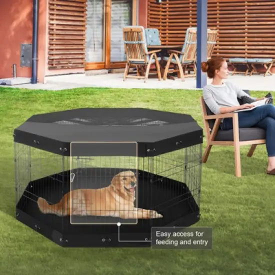 VEVOR Dog Playpen, 8 Pcs 30"H x 24"W Panels Foldable Metal Pet Exercise Pen, Dog Fence Indoor and Outdoor Pen with Door, Bottom Pad and Top Cover image {1}