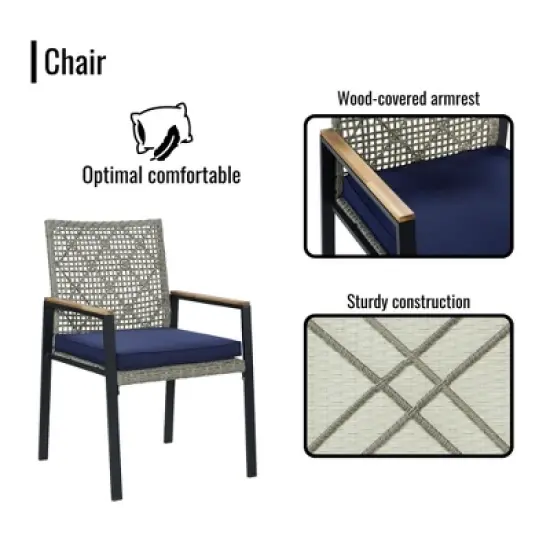 FIONECA All-Weather 5-Piece Patio Dining Set with Acacia Wood Table Top & Umbrella Hole, Light Gray Rattan Outdoor Conversation Set image {5}