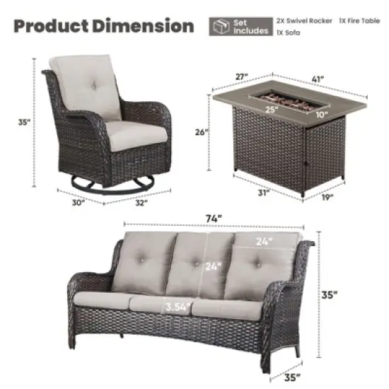 4PCS Patio Furniture Set with Fire Pit Table, Brown Wicker Outdoor Fire Pit Set with Patio Sofa, Swivel Glider Chair and Rectangular Propane Fire Pit image {11}