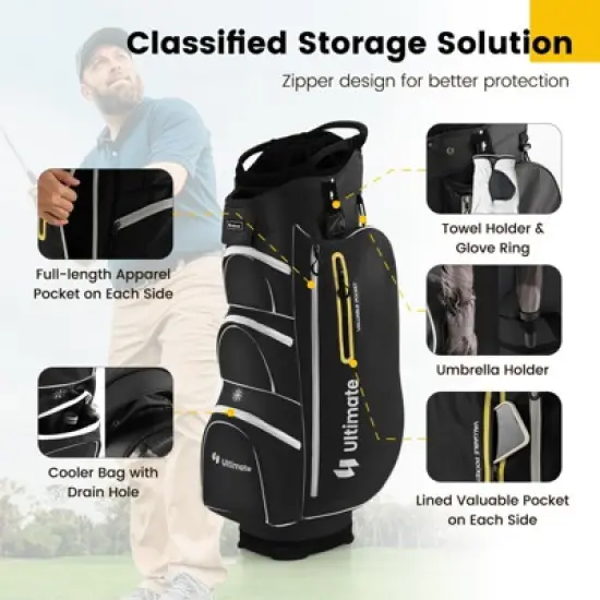 Tangkula 15-Way Golf Cart Bag Golf Club Bag with 15 Ways Organizer Divider Top 7 Zippered Pockets Cooler Bag Umbrella Holder Rain Hood Black + Yellow/ Grey + Green/ Grey + Red image {2}