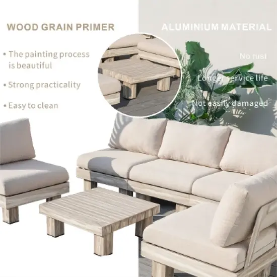 Moda Furnishings 5-Person Outdoor Patio Aluminum Wood Grain Sectional Seating Group With Beige Cushions image {6}