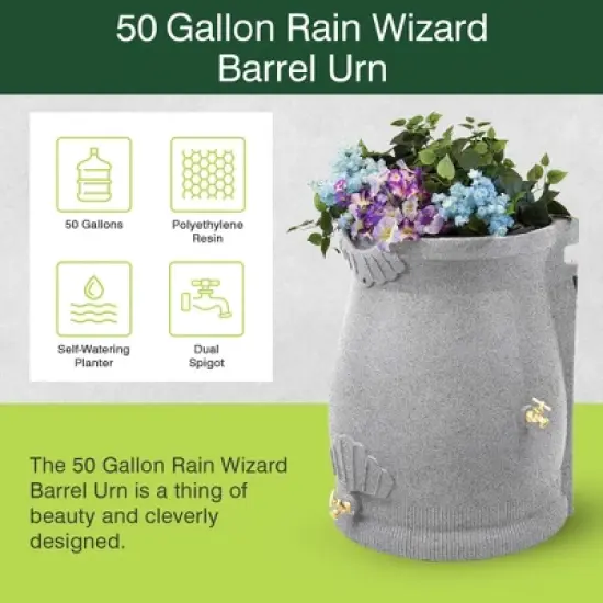 Good Ideas Rain Wizard 50 Gallon Rain Saver Barrel Water Storage Urn with Planter Space and 2 Brass Spigots, Light Granite (4 Pack) image {1}