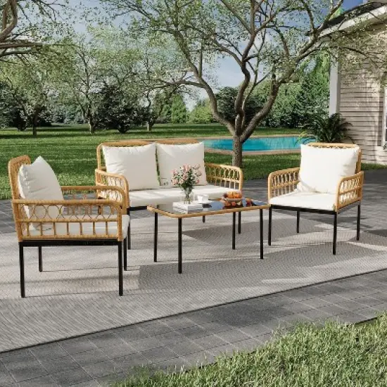 4-Piece Outdoor Patio Furniture Set, All-Weather PE Rattan Wicker Loveseat & Chairs with Glass Coffee Table & Steel Frame, Boho Conversation Set image {8}