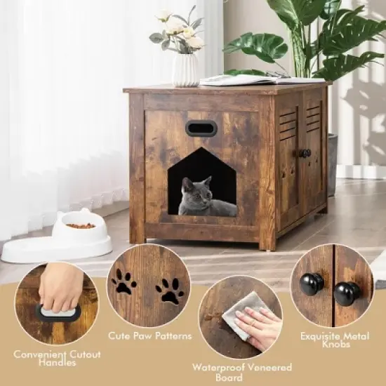 Tangkula Little Cat Box Enclosure Nightstand Cat House w/ Double Doors image {6}
