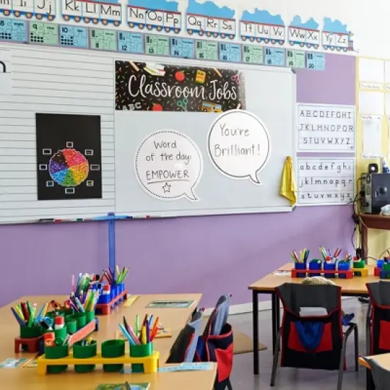 Juvale 48 Pack Dry Erase Speech Bubble Cutouts for Bulletin Boards, Classroom Teaching Supplies, 2 Designs Solid and Dotted Outline, 9 x 8 In image {1}