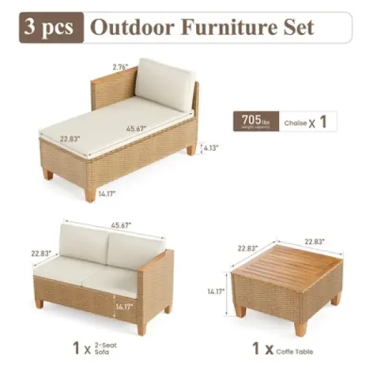 Captiva Designs 3pc Outdoor Patio Wicker Sofa Conversation Set with Wood-top Coffee Table image {2}