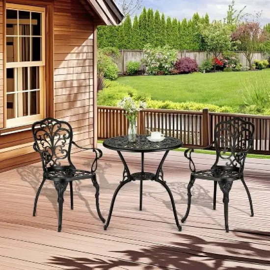 3-Piece Outdoor Bistro Set, All-Weather Cast Aluminum Patio Table+Chairs w/Umbrella Hole for Yard, Garden, Balcony, and Poolside Use image {3}