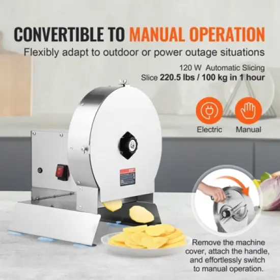 VEVOR Electric Vegetable Slicer, 0-0.5"/0-12mm Thickness Adjustable Commercial Slicer Machine, Convertible to Manual, Stainless Steel Food image {3}