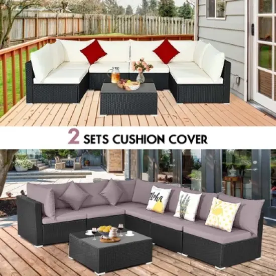 Costway 7PCS Patio Rattan Furniture Set Sectional Sofas Off White & Grey Cushion Covers image {3}