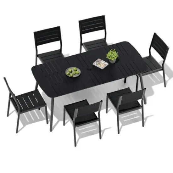 Crestlive Products 7pc Outdoor Dining set for 6 People Patio Rectangle Table Aluminum Frame with Wood-Like Tabletop and Umbrella Hole image {10}