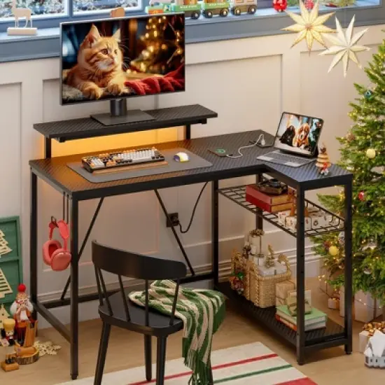 Bestier 42" Reversible L-Shaped Gaming Desk with Power Outlets LED Lights and Monitor Stand &Storage Shelves & Hooks for Bedrooms & Home Offices image {11}