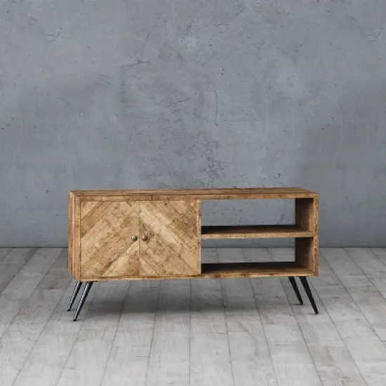 Mindful Living Rustic Farmhouse Mid Century Fusion 2 Shelf Mango Wood Top & Iron Hairpin Legs Chevron Pattern TV Console Cabinet Entertainment Center image {1}